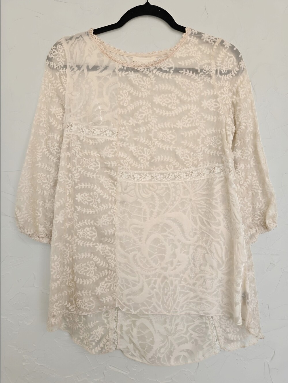 Johnny Was Silk Velvet Cream Embroidered Boho Top, XS